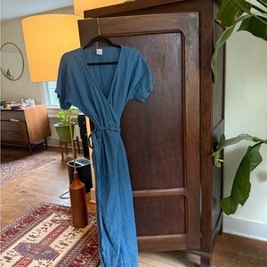 European Linen Blue Wrap Jumpsuit with Tie Waist